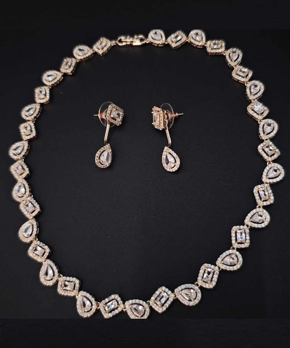 Halo Pear & Rectangle Cubic Zirconia Necklace Drop Earring Jewelry Set 2 Tones Silver Rose Gold