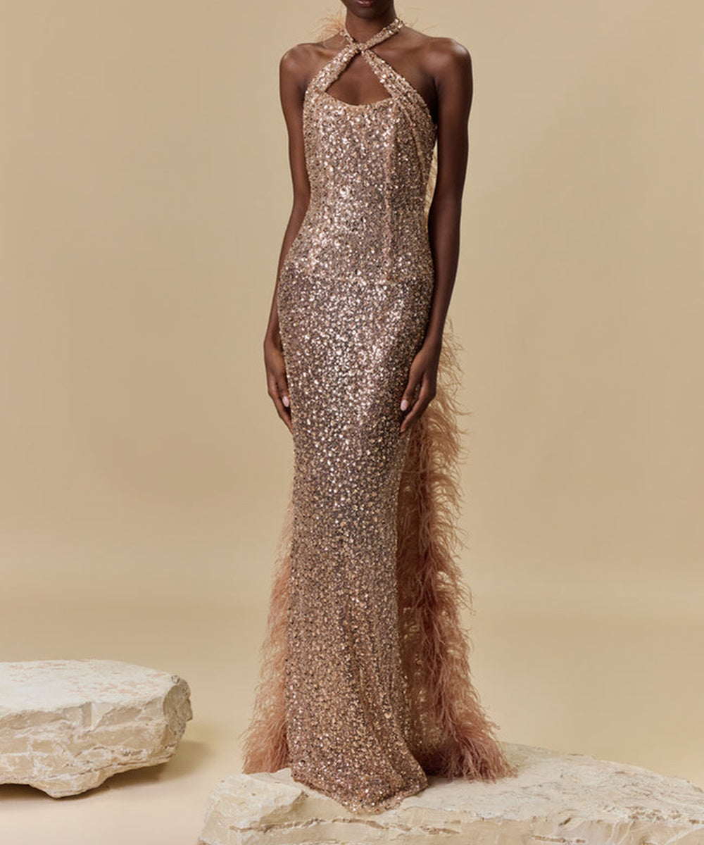 Champagne Sequin Halter Feather Trim Mermaid Evening Gown