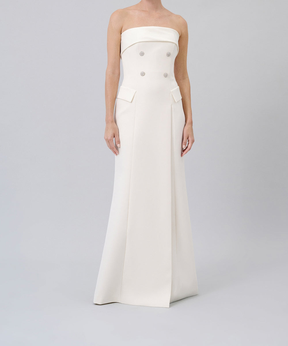 White Strapless Double Breasted Crepe Evening Gown With Crystal Buttons