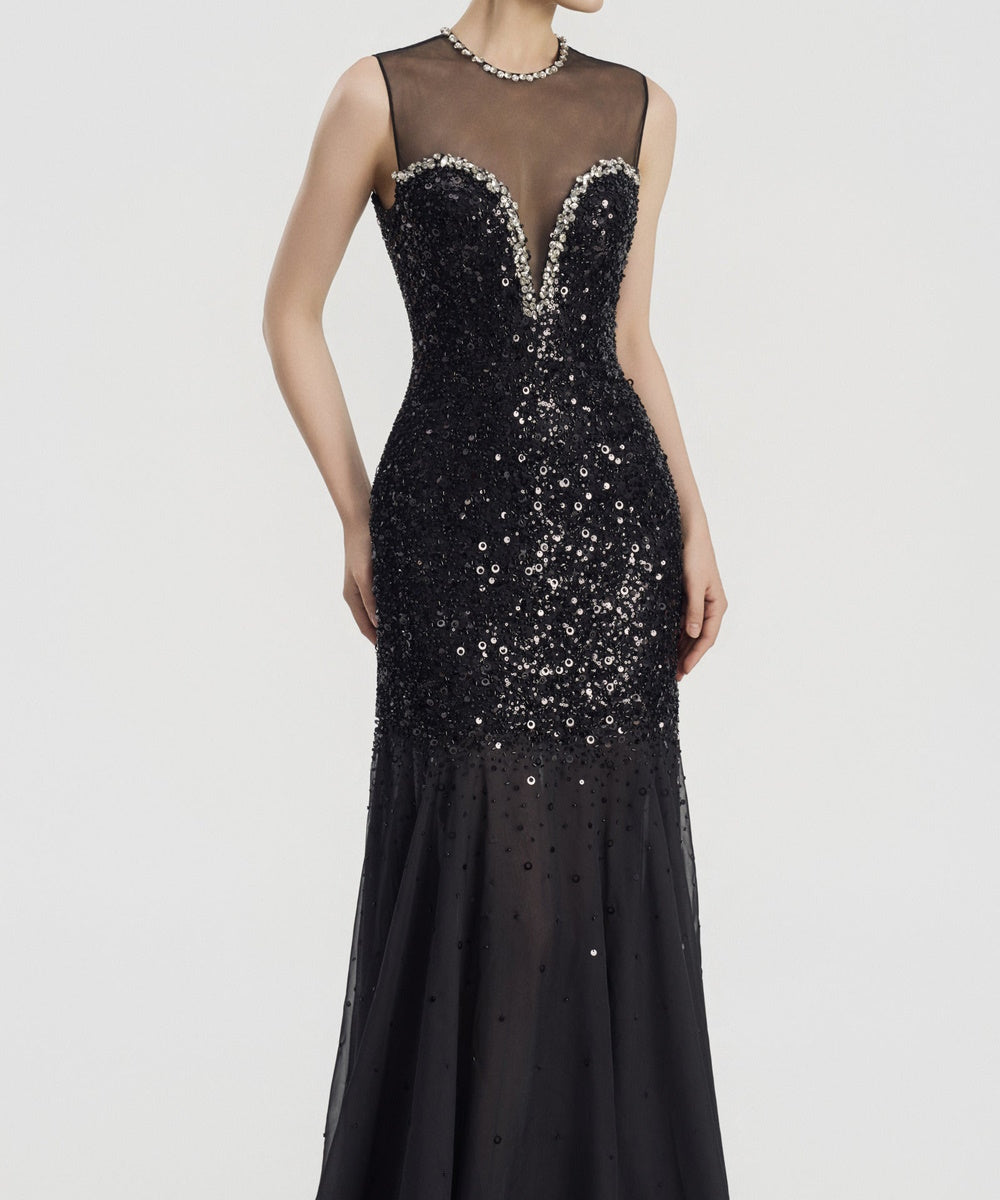 Black Sleeveless Illusion Neck Sequin Beaded Mermaid Evening Gown
