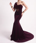Burgundy Velvet Asymmetric One Shoulder Belted Mermaid Evening Gown with Train