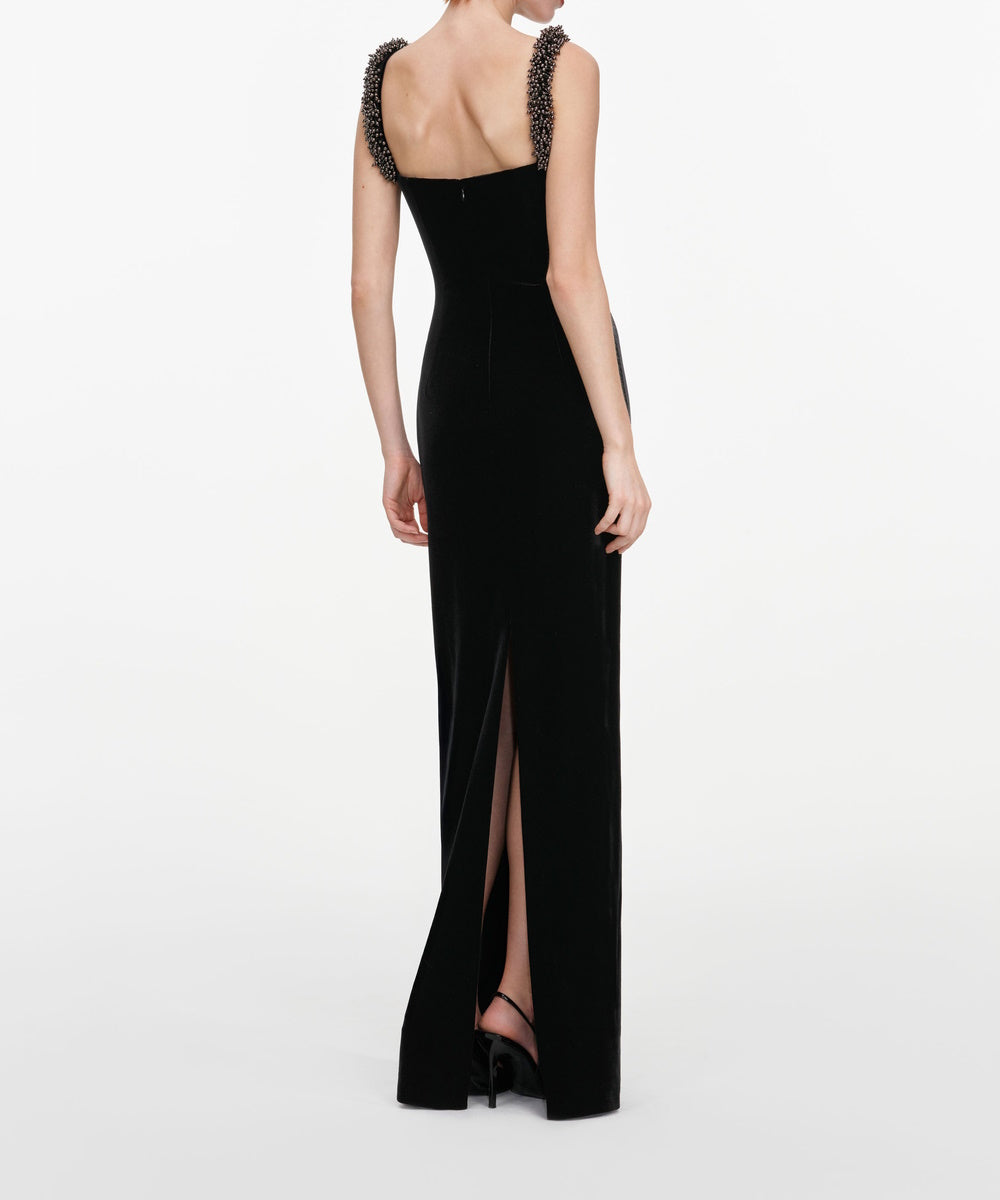 Beaded Strap Square Neck Black Velvet Mermaid Evening Gown with Back Slit