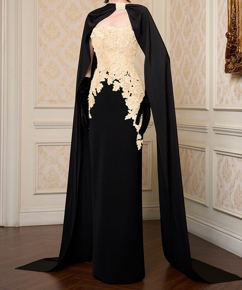 Black Strapless Mermaid Evening Gown With Champagne Lace Appliqué And Detachable Cape