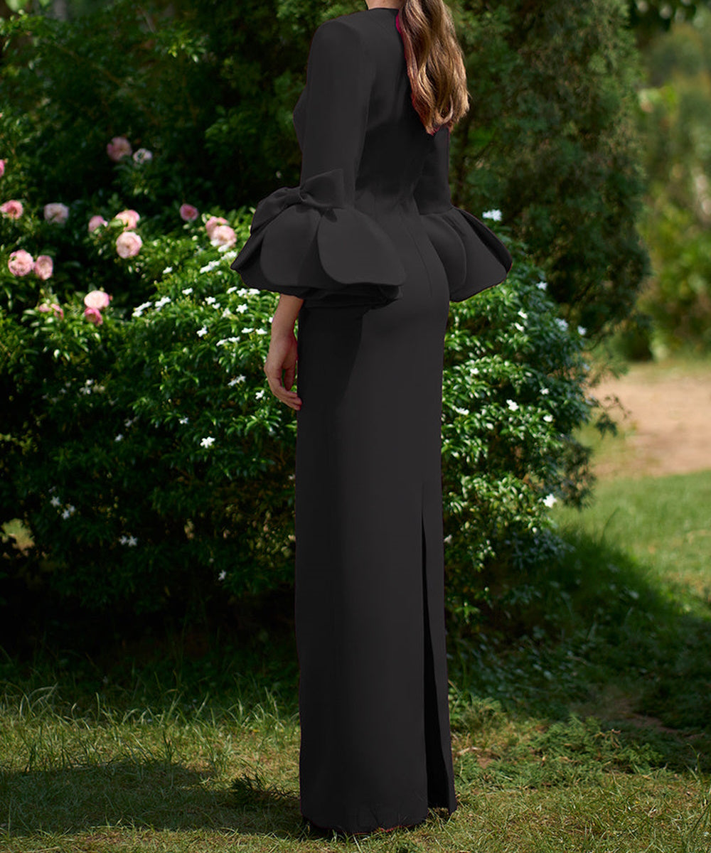 Black Square Neck Maxi Formal Gown With Statement Bow Bell Sleeves