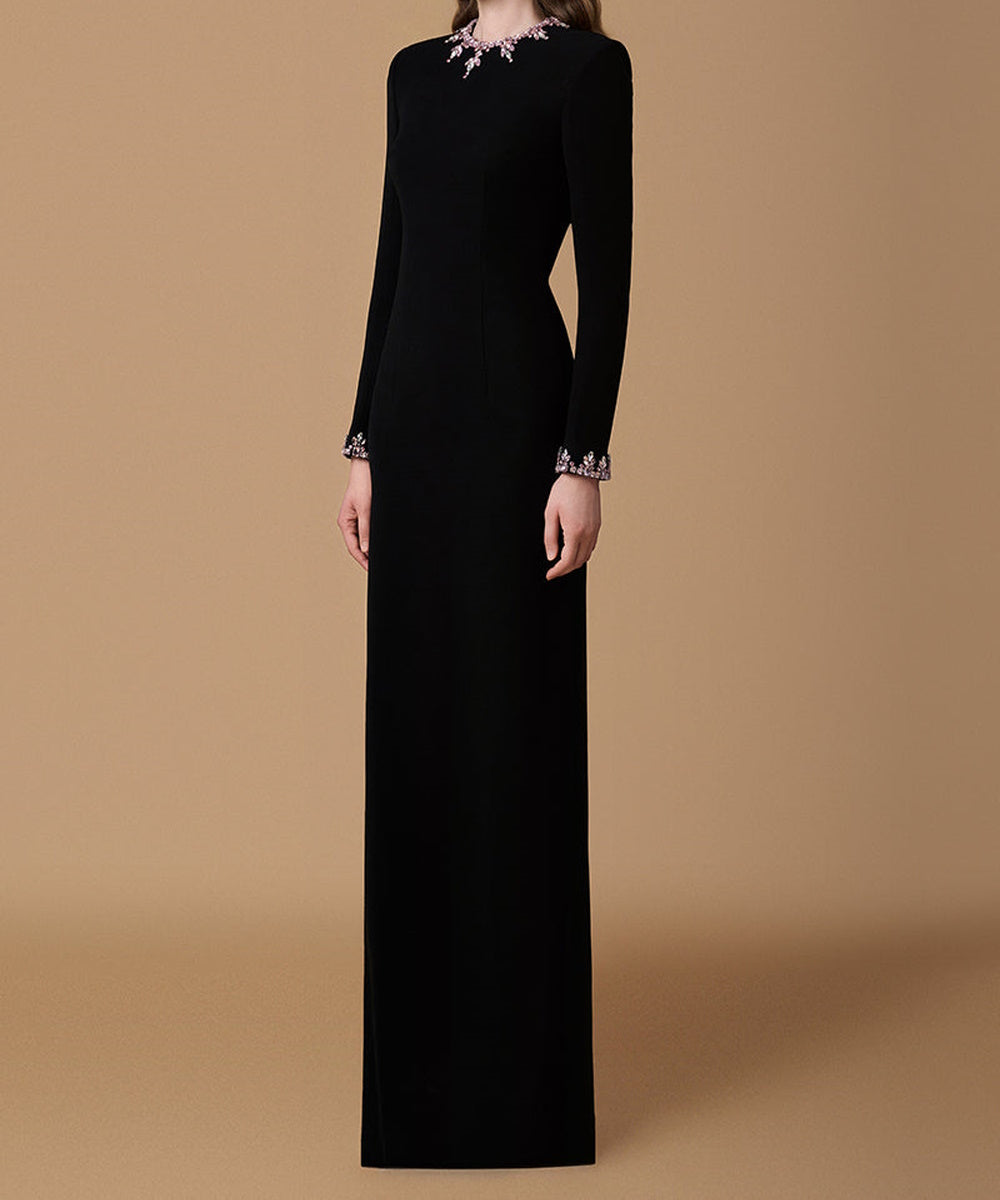Black Long Sleeve High Neck Maxi Evening Gown With Pink Crystal Embellishments