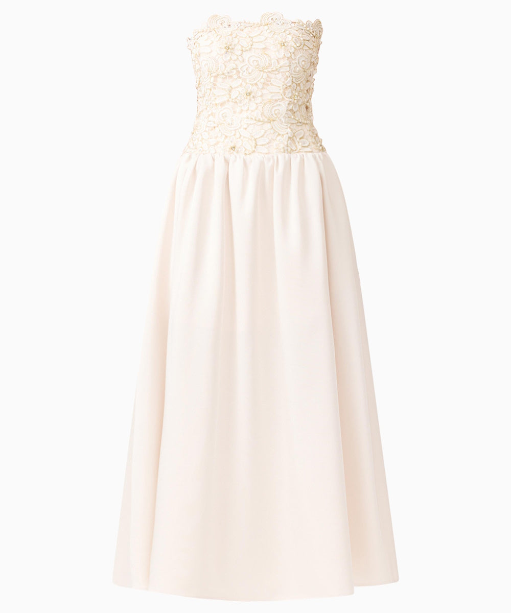Strapless Floral Lace Beaded Midi Wedding Guest Dress With Removable Spaghetti Straps