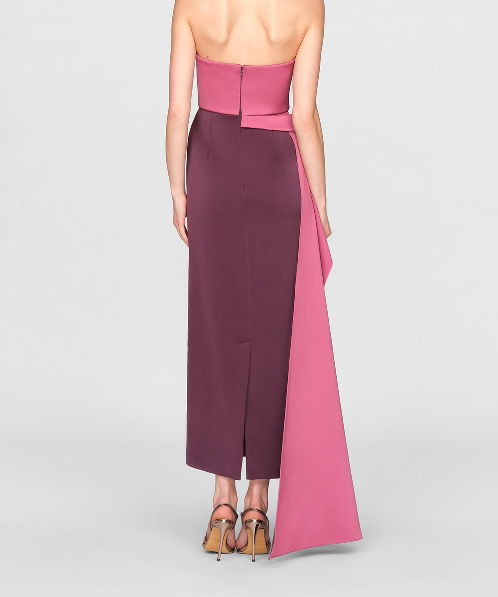 Strapless Two-Tone Satin Draped Midi Formal Gown