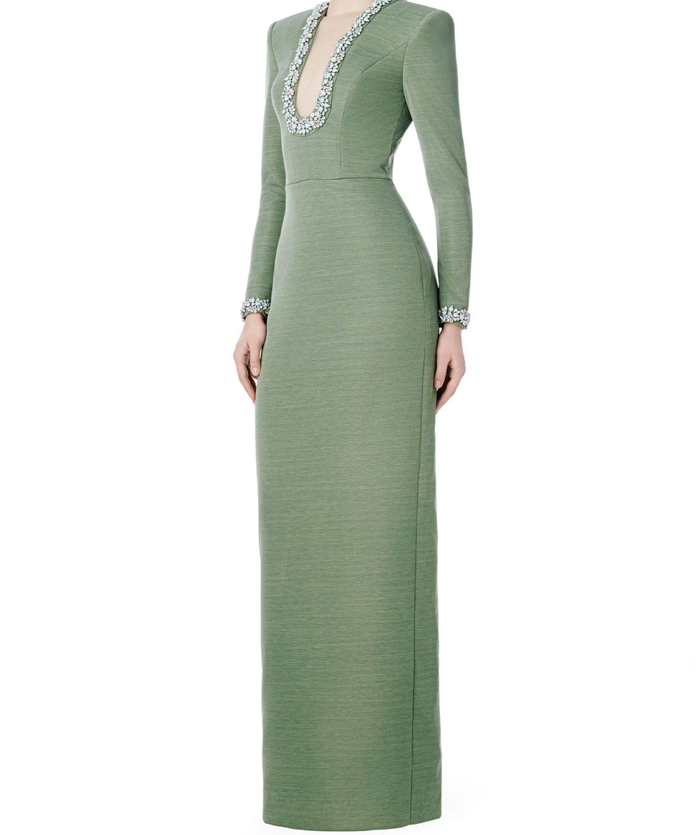 Green Long Sleeve Beaded Deep V Neck Sheath Formal Gown