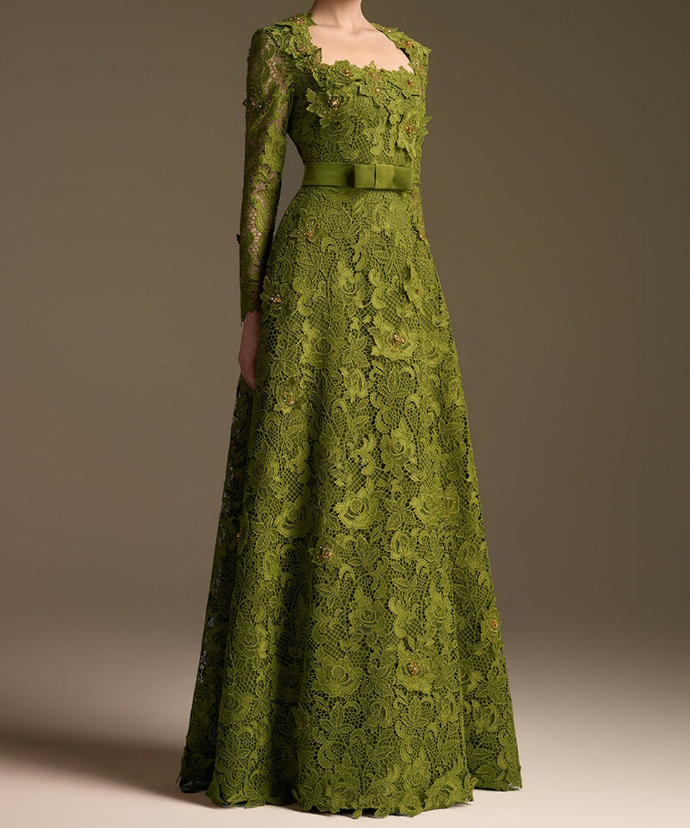 Olive Green Square Neck Long Sleeve Lace A-Line Evening Gown With Satin Belt