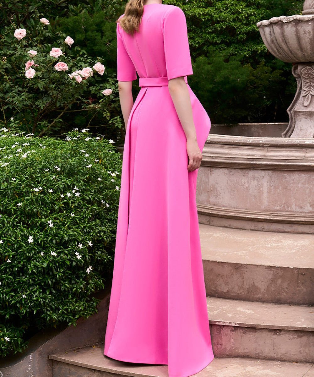 Fuchsia Overlay Skirt Formal Gown With Crystal Embellishments and Short Sleeves