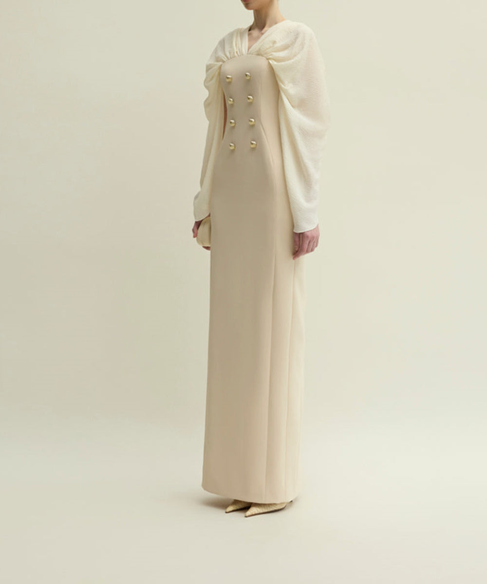Cream Cape Sleeve Column Maxi Formal Gown With Decorative Gold Buttons
