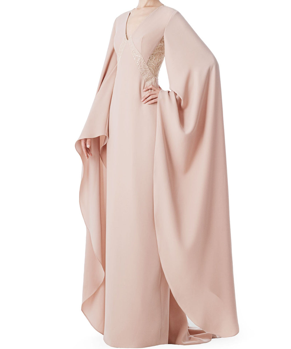 Dusty Pink V-Neck Cape Sleeve Lace Back Formal Maxi Gown