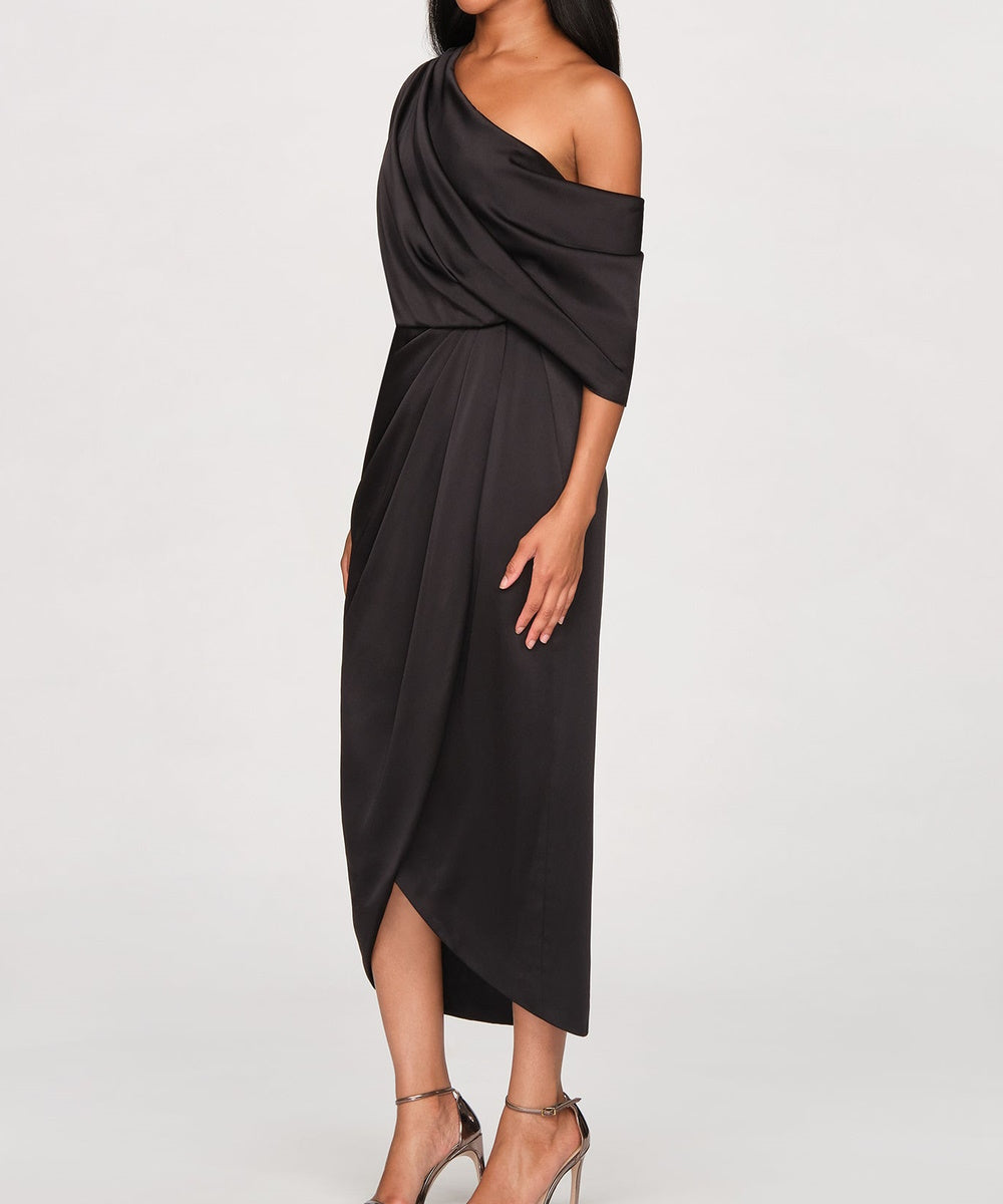 One Shoulder Draped Satin Midi Formal Dress