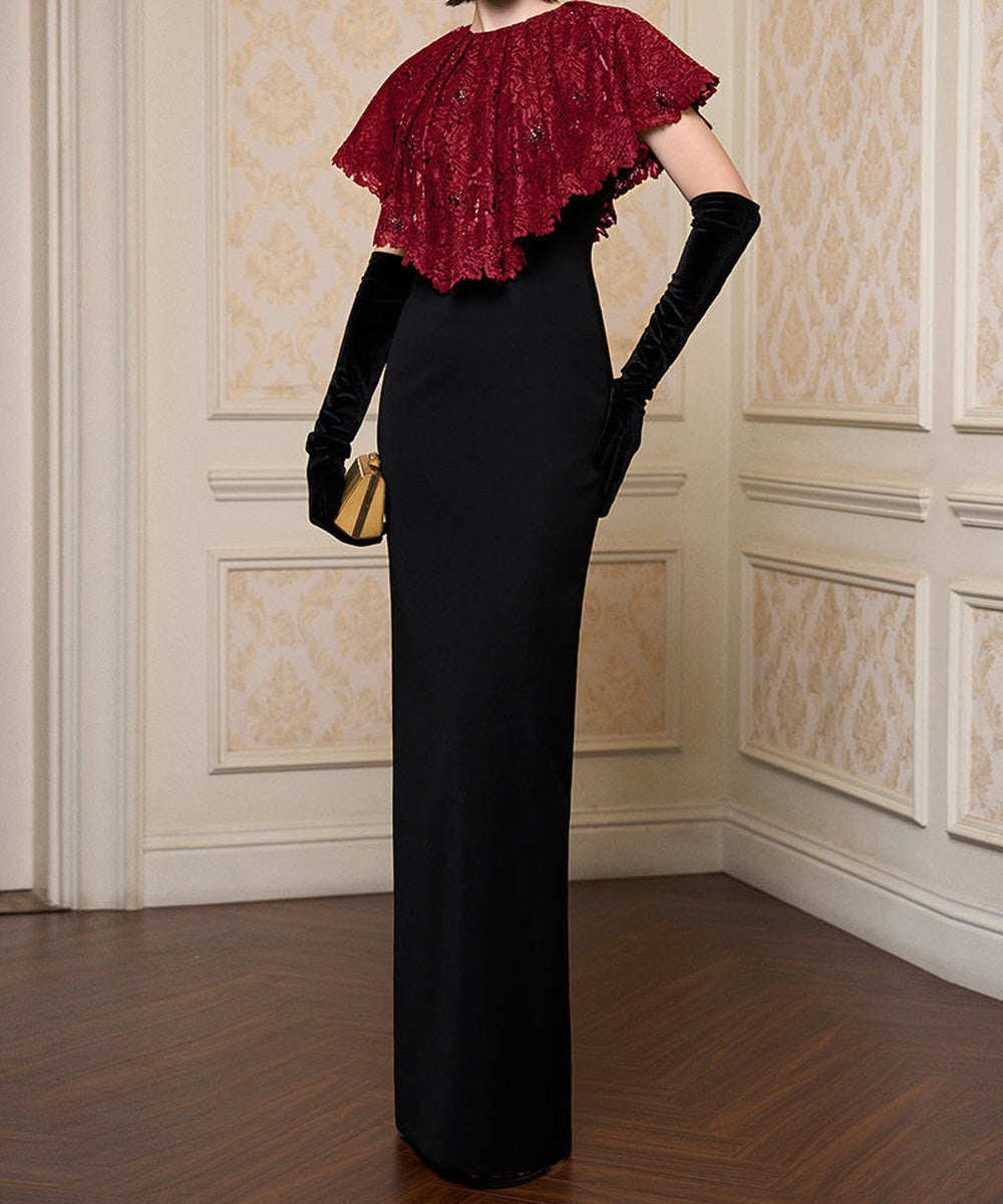 Black Fitted Maxi Evening Dress With Burgundy Beaded Lace Capelet
