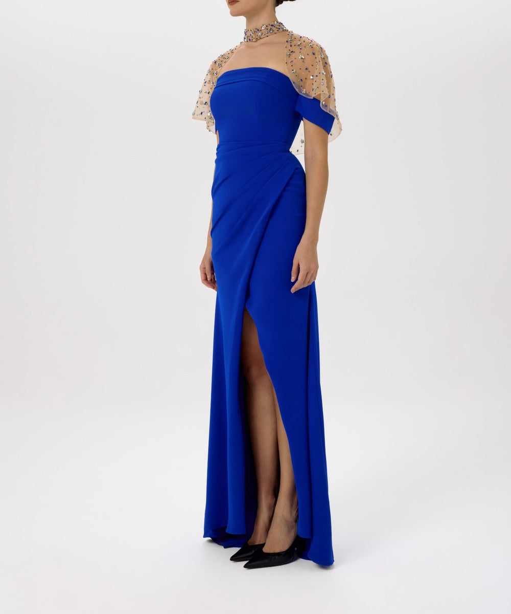 Strapless Royal Blue Slit Formal Gown With Detachable Beaded Tulle Cape