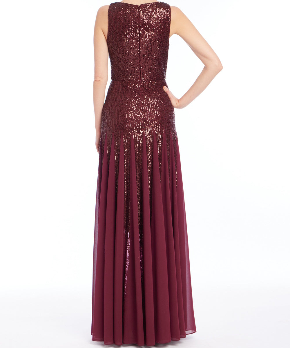 Burgundy Sleeveless Ombre Sequin Chiffon Formal Maxi Dress