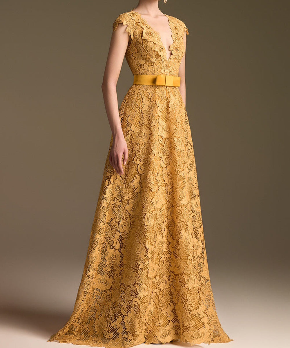 Golden Lace V-Neck Cap Sleeve Long Formal Evening Gown With Satin Bow Sash