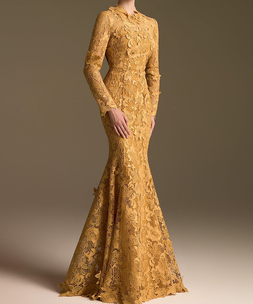 Golden Lace High Neck Long Sleeve Mermaid Formal Evening Gown