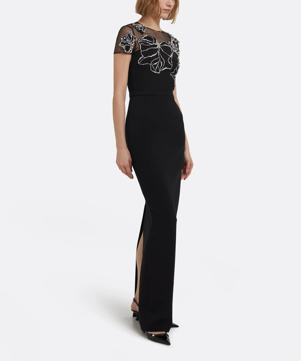Black Mesh Bow Crystal Beaded Short Sleeve Slit Column Evening Gown