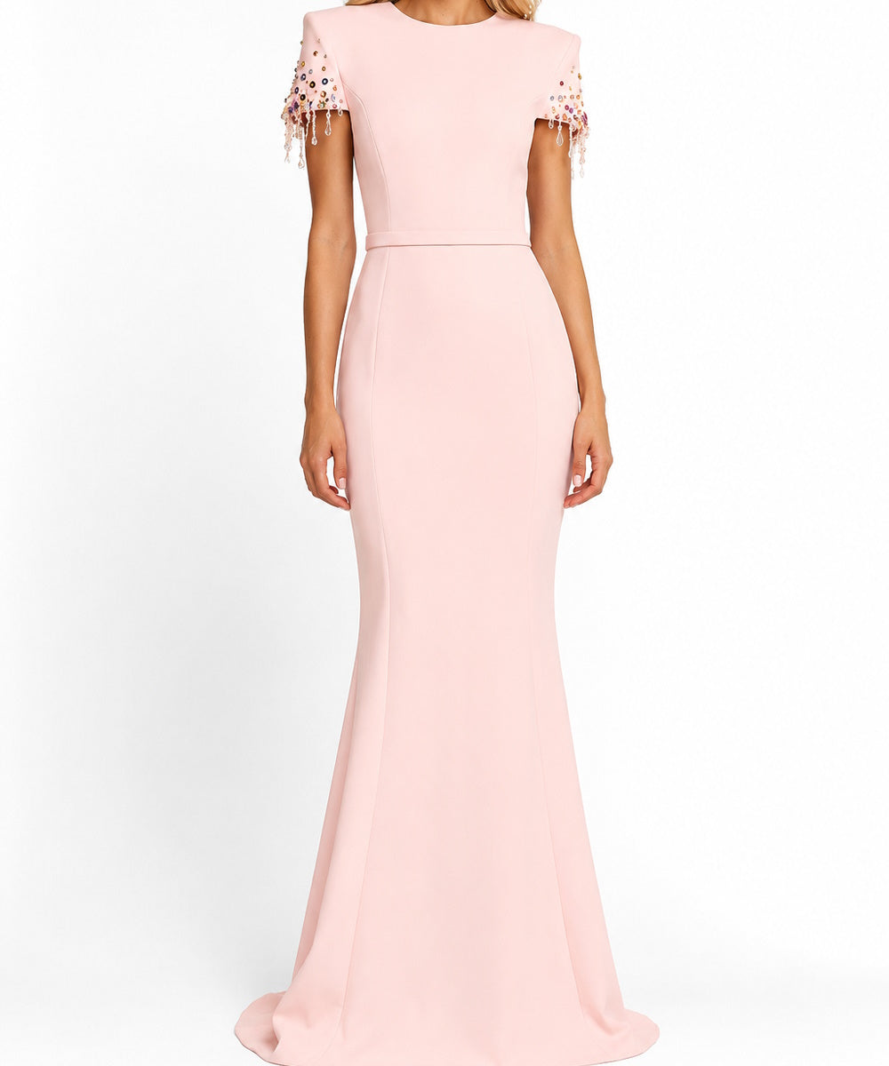 Blush Pink Crystal Tassel Short Sleeve Mermaid Train Evening Gown