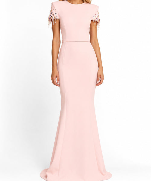 Blush Pink Crystal Tassel Short Sleeve Mermaid Train Evening Gown
