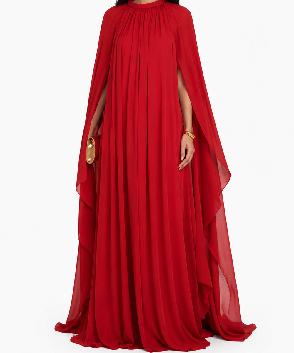 High Neck Flowy Chiffon Cape Sleeve Loose Maxi Evening Gown