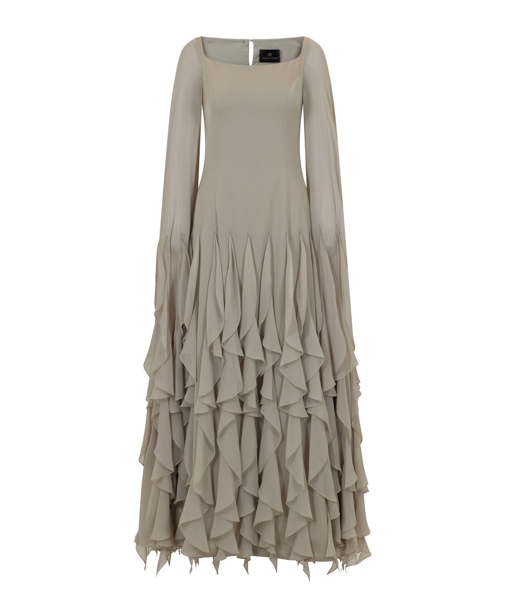 Taupe Square Neck Bell Sleeve Tiered Ruffle Chiffon Maxi Dress
