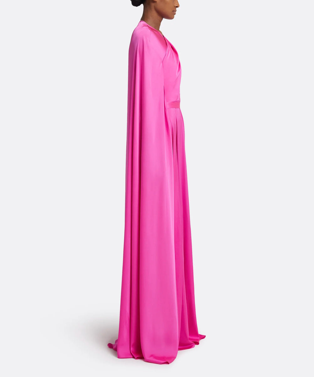 Hot Pink Asymmetric One Shoulder Cape Sleeve Satin A-Line Maxi Evening Gown With Waist Belt