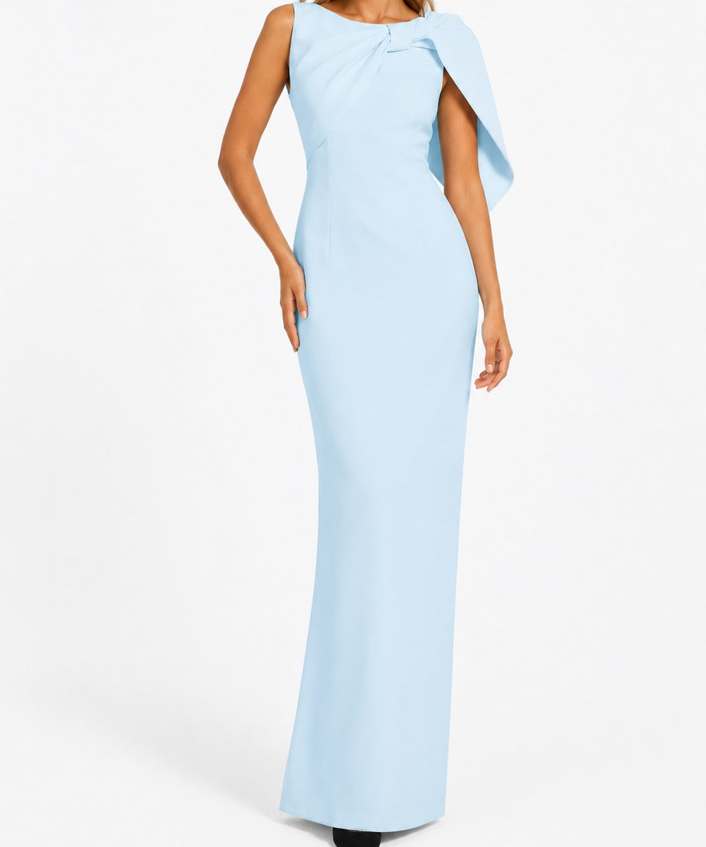 Light Blue Asymmetric Draped Cape Shoulder Column Maxi Gown