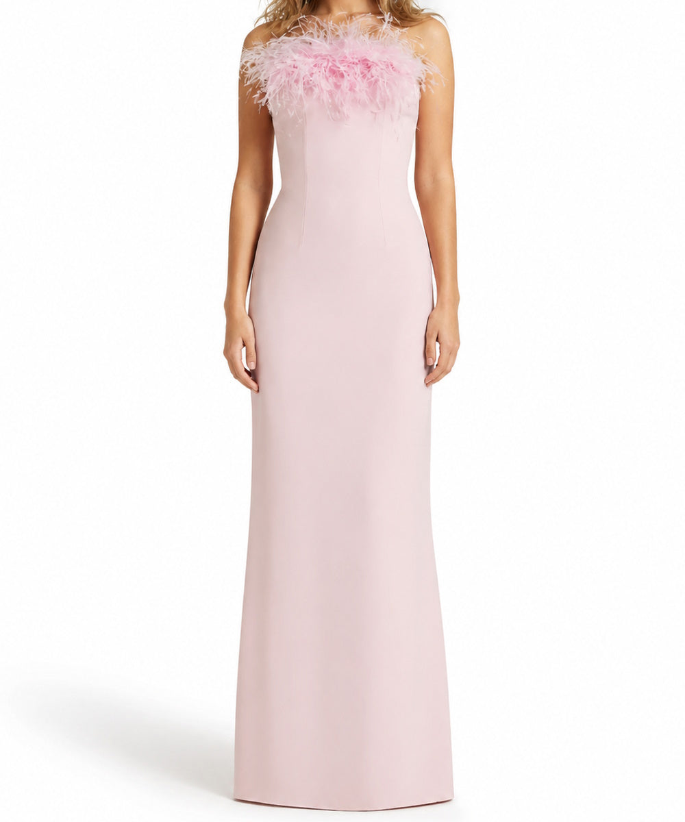 Blush Pink Strapless Feather Bust Mermaid Maxi Evening Gown