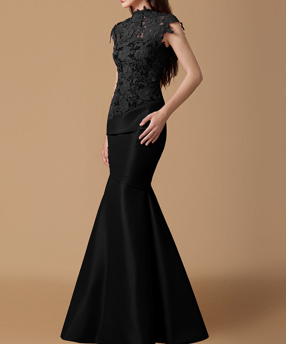 High Neck Lace Cap Sleeve Mermaid Satin Evening Gown