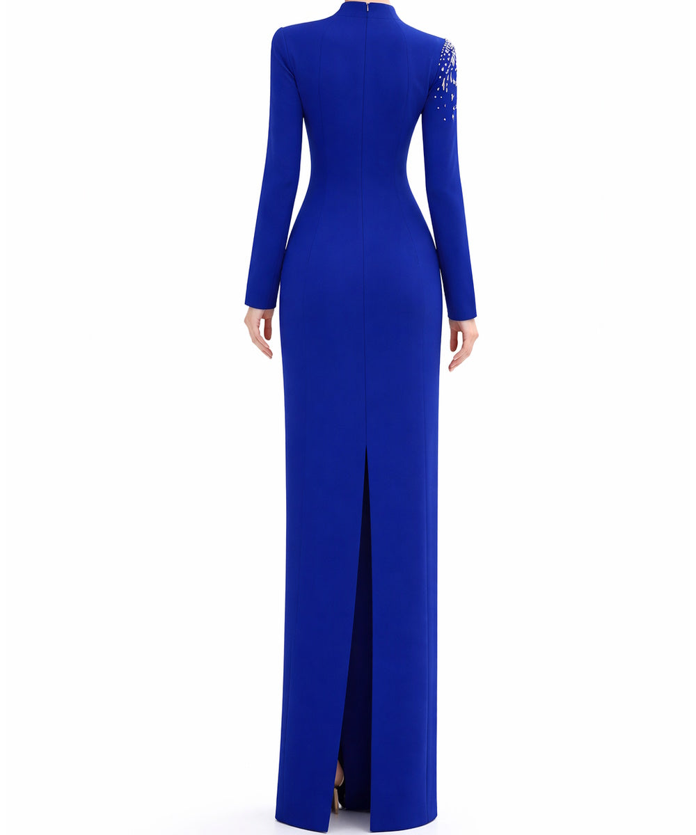 Royal Blue Cutout Neck Rhinestone Long Sleeve Mermaid Maxi Evening Gown