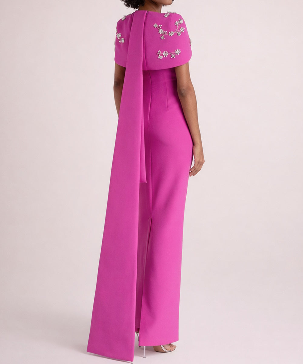 Off Shoulder Crystal Flower Embellished Crepe Formal Maxi Dress