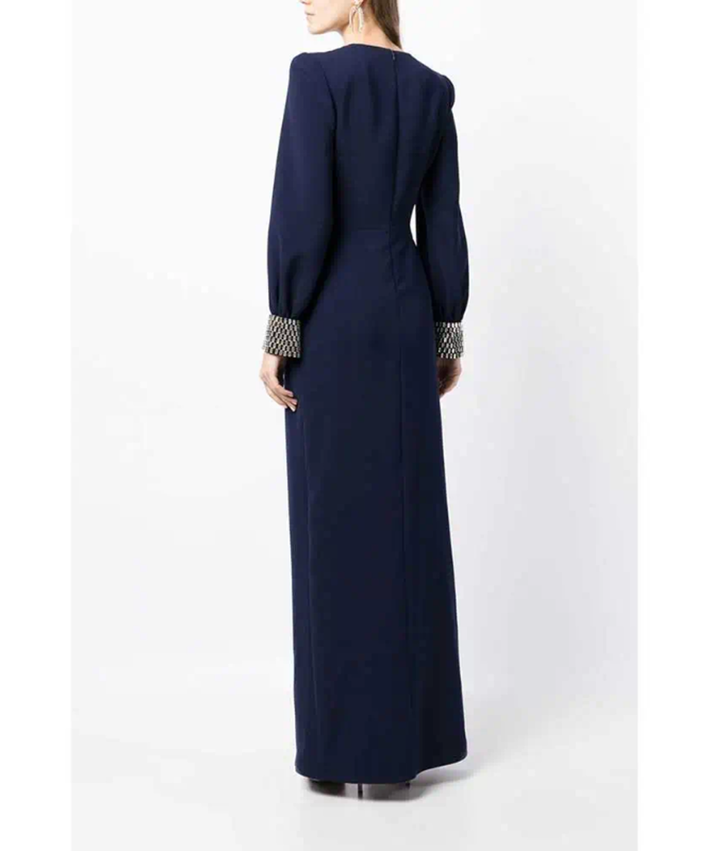 Navy Deep V Twist Waist Beaded Cuff Long Sleeve Maxi Evening Gown