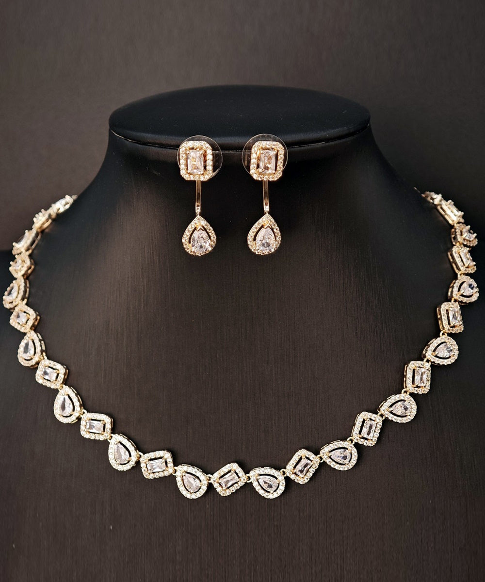 Halo Pear & Rectangle Cubic Zirconia Necklace Drop Earring Jewelry Set 2 Tones Silver Rose Gold