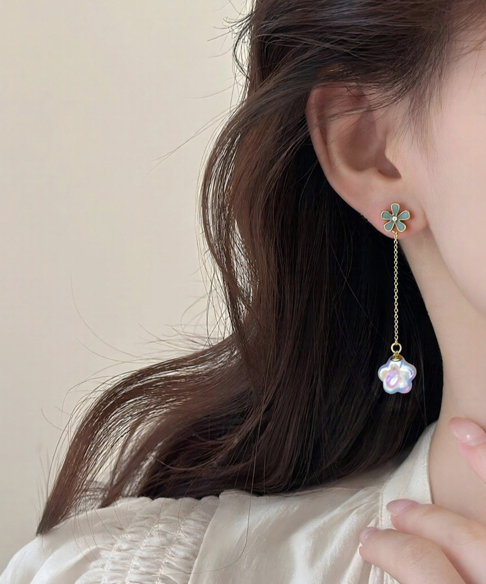 Light Blue Enamel Flower Long Chain Baroque Petal Pearl Drop Earrings