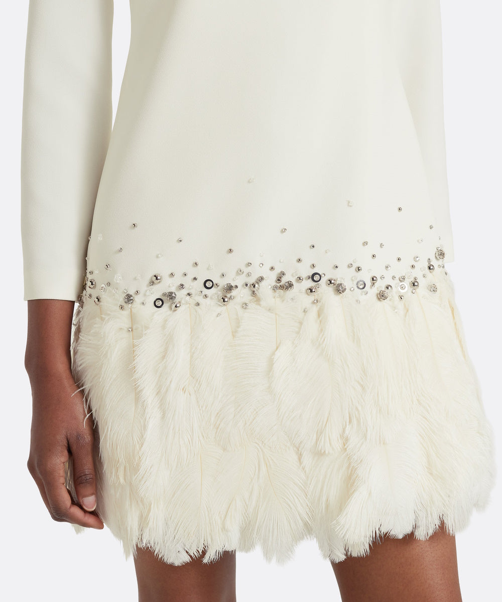 Cream Long‑Sleeve Mini Shift Dress With Crystal Beading And Feather Hem