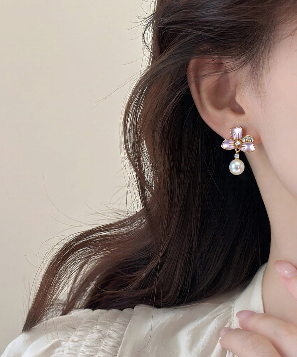 Soft Pink Enamel Flower Crystal Pearl Drop Dangle Stud Earrings