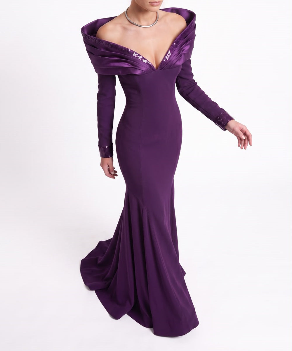 Purple Off Shoulder Long Sleeve Sequin Mermaid Formal Evening Gown