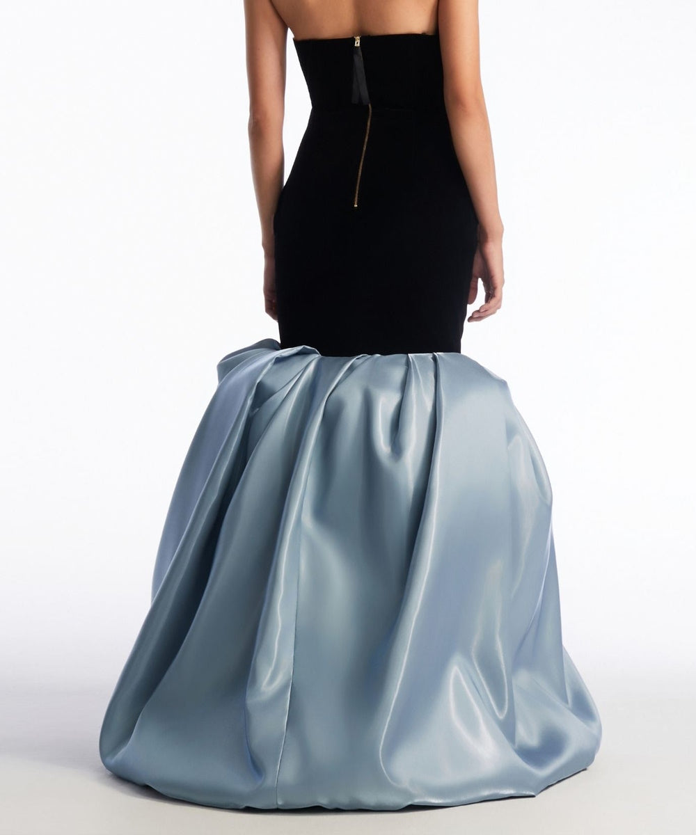 Strapless Black Velvet Dusty Blue Satin Mermaid Ball Evening Gown