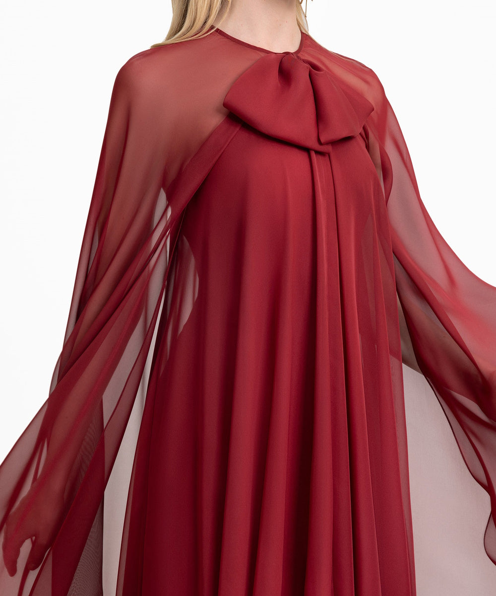 Burgundy Sheer Chiffon Cape Overlay Bow Neck Flowy Maxi Evening Gown