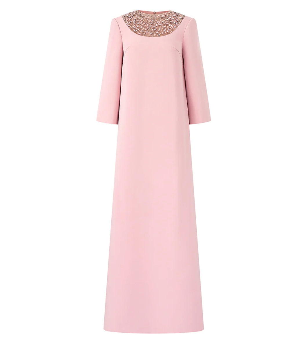 Dusty Pink Three Quarter Sleeve Beaded Mesh Neck Straight Maxi Evening Gown