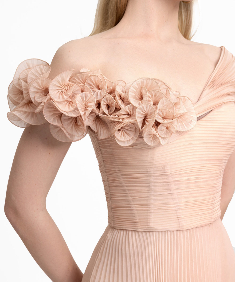Blush Pink Asymmetric Off Shoulder 3D Floral Pleated Chiffon Maxi Evening Gown