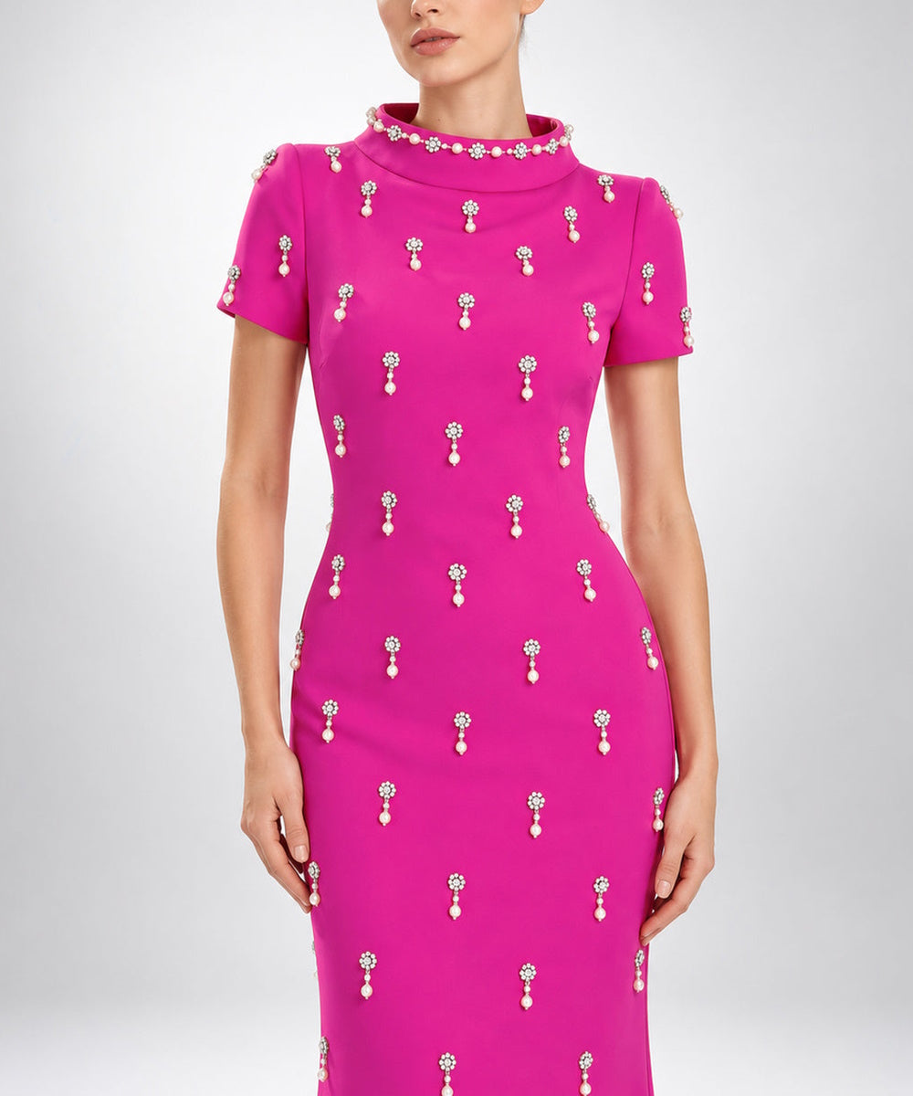 Fuchsia High Neck Short Sleeve Mermaid Gown With Pearl & Crystal Beading