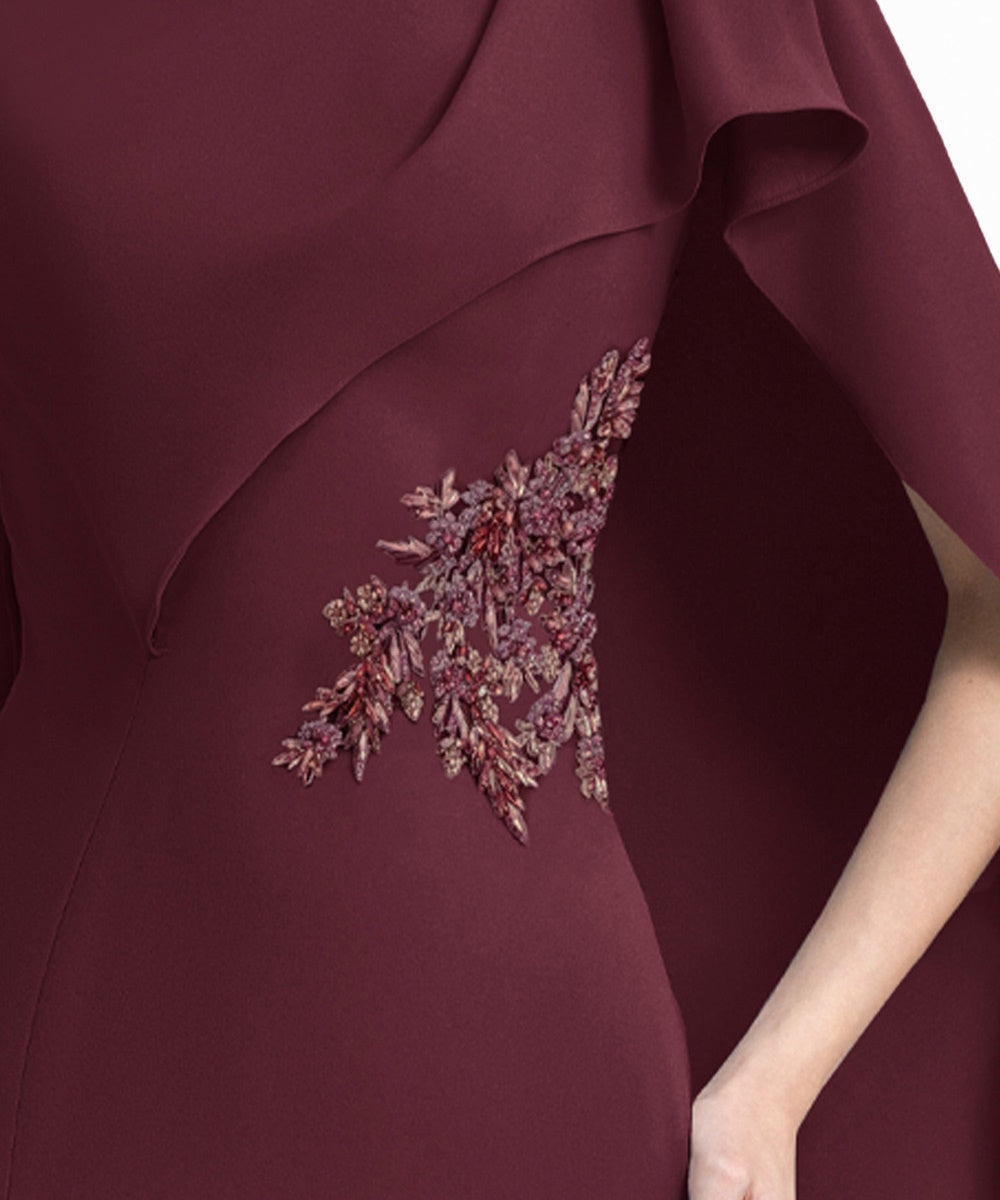 Burgundy High Neck Cape Sleeve Mermaid Evening Gown with Beaded Embroidery