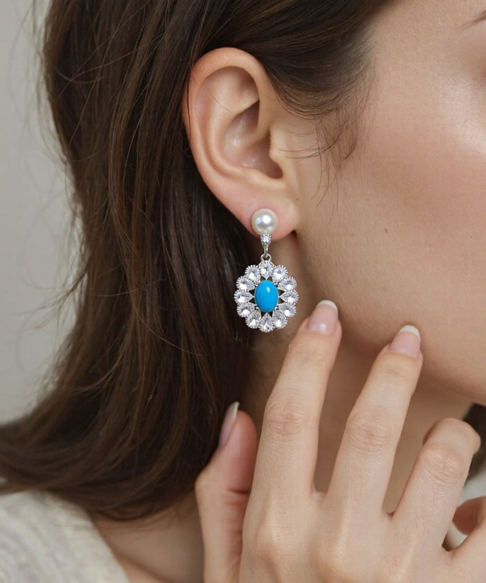 Vintage Oval Turquoise Halo Crystal Pearl Drop Dangle Earrings