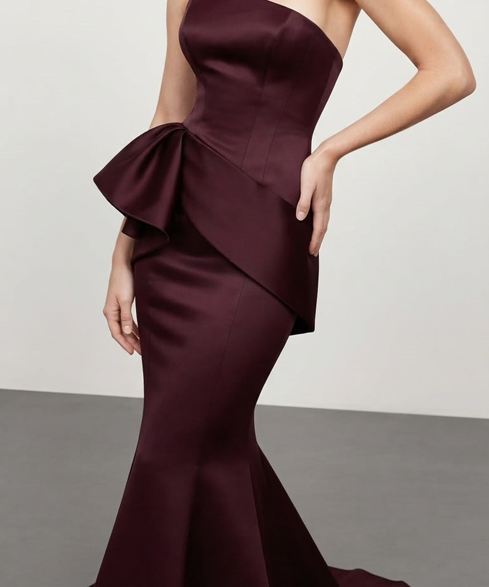 Burgundy One Shoulder Satin Mermaid Evening Gown with Statement Peplum