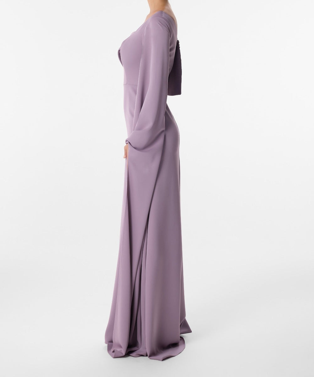Dusty Lavender Asymmetric Off Shoulder Sequin Trim Flared Sleeve Mermaid Evening Gown