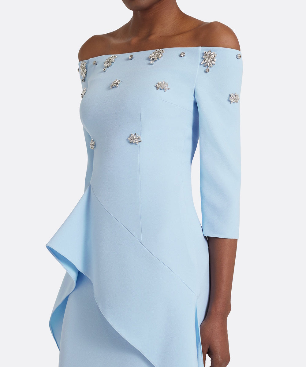 Light Blue Off‑The‑Shoulder Embellished Crepe Gown With Draped Ruffle Panel Train