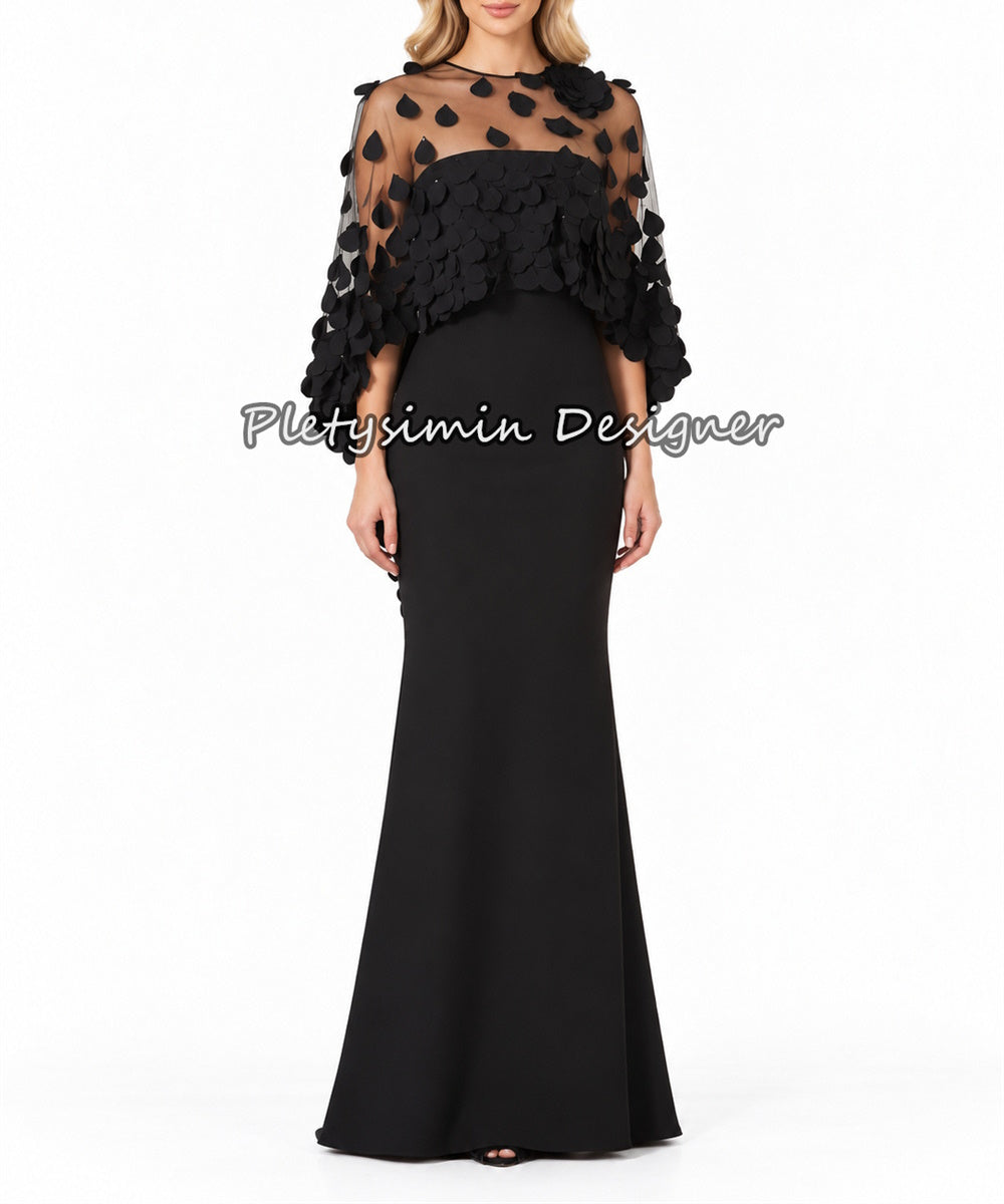 Black Mermaid Evening Gown With 3D Petal Mesh Cape Sleeve